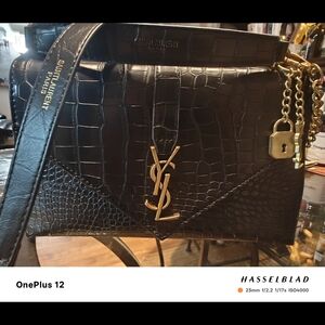 Saint Laurent Black Croc-Embossed Leather Bag